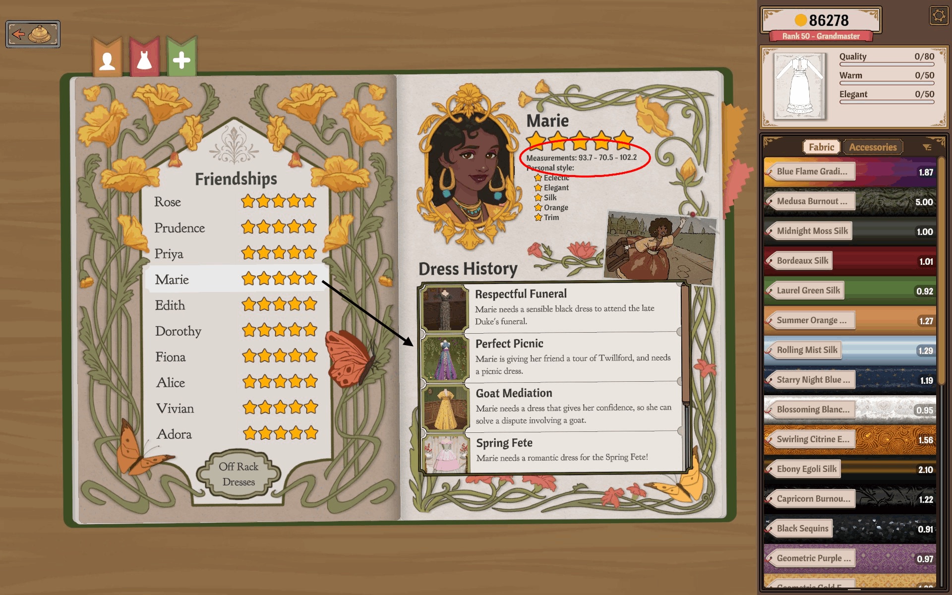 Sketchbook yellow tab with the ten-customer list on the left and the selected customer's profile and Dress History on the right