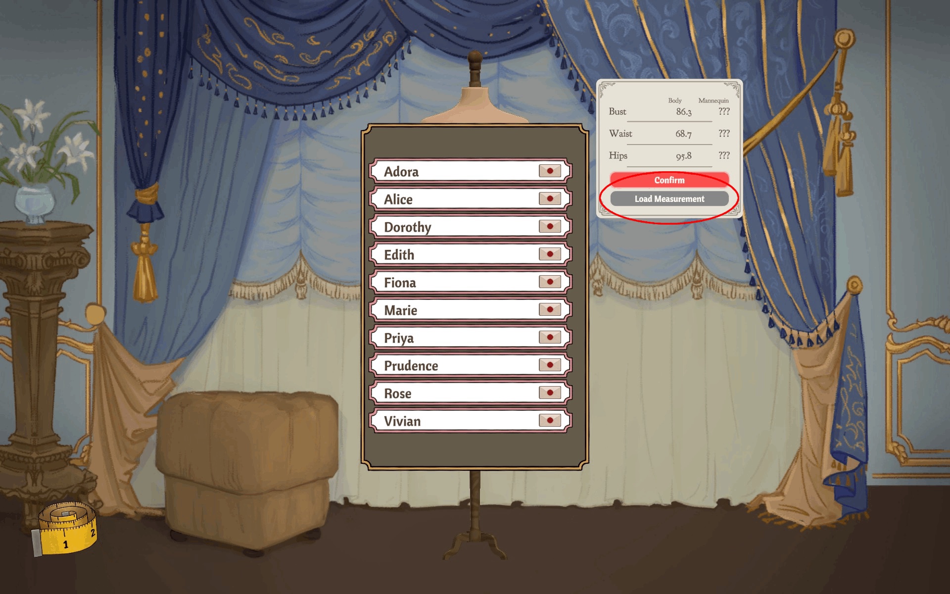 Fitting room with the ten-customer list open and the Load Measurement button circled, body measurements on the panel