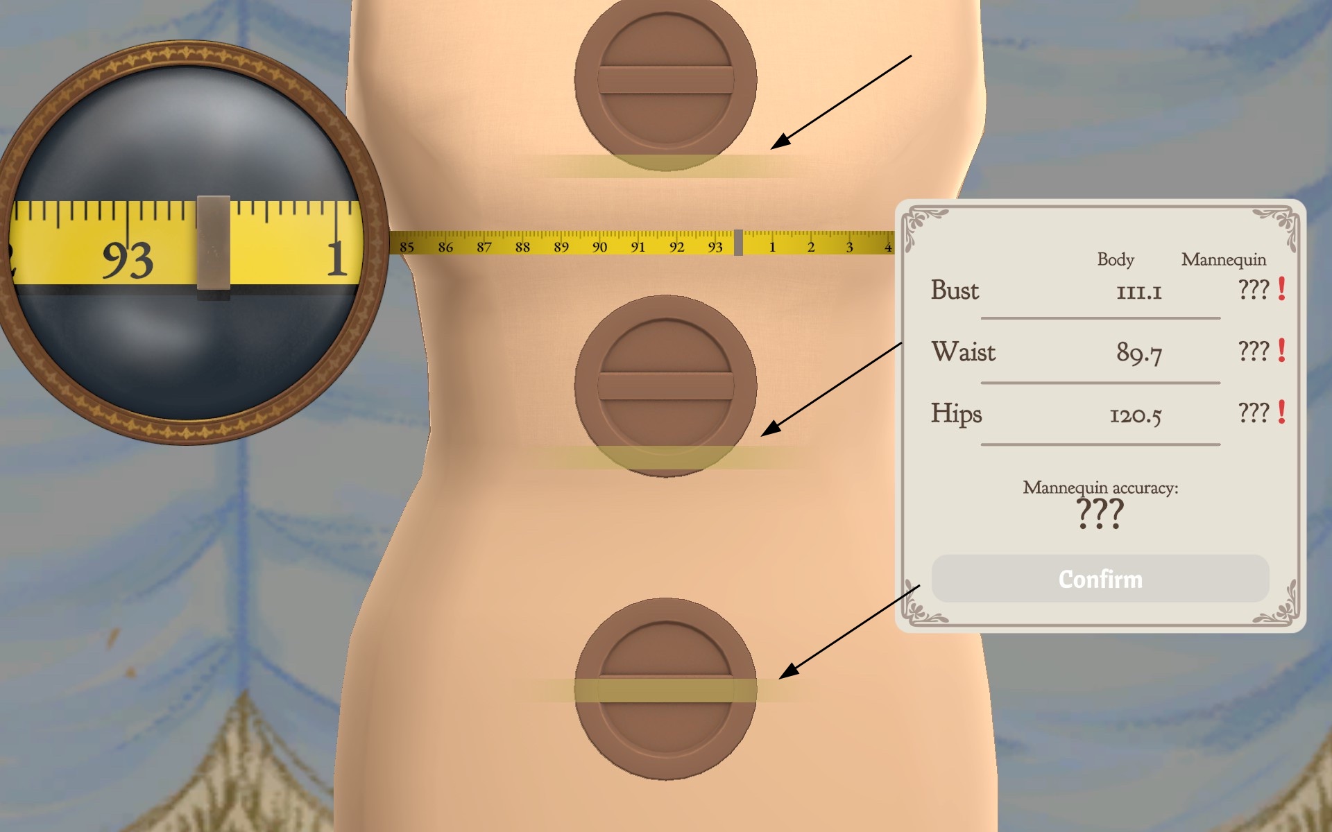 Mannequin adjustment screen with three dials and a Body versus Mannequin panel showing the body numbers and unknown mannequin values