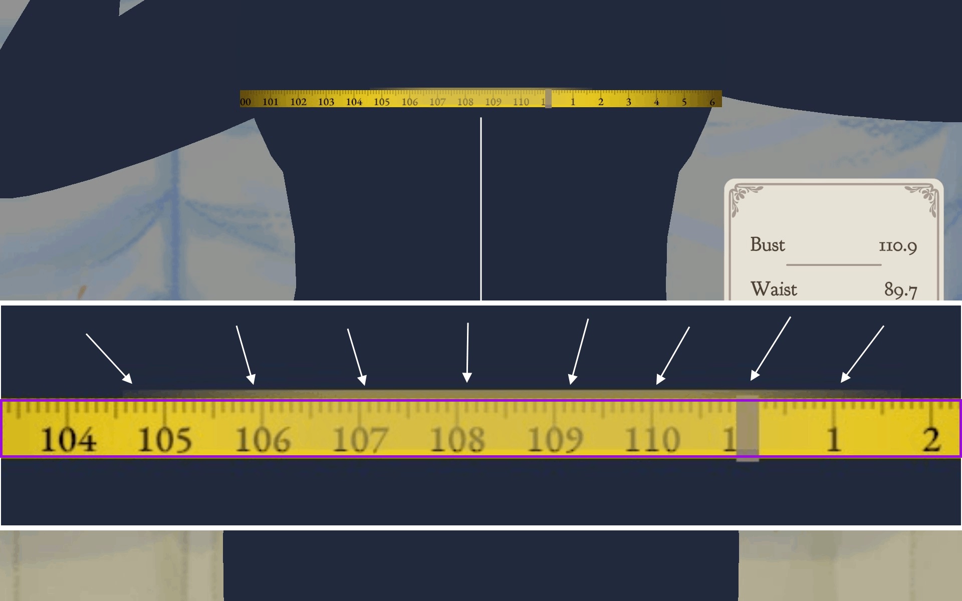The measuring minigame with the tape crossing the bust and the white ghost reference line visible, with bust and waist readings on the card