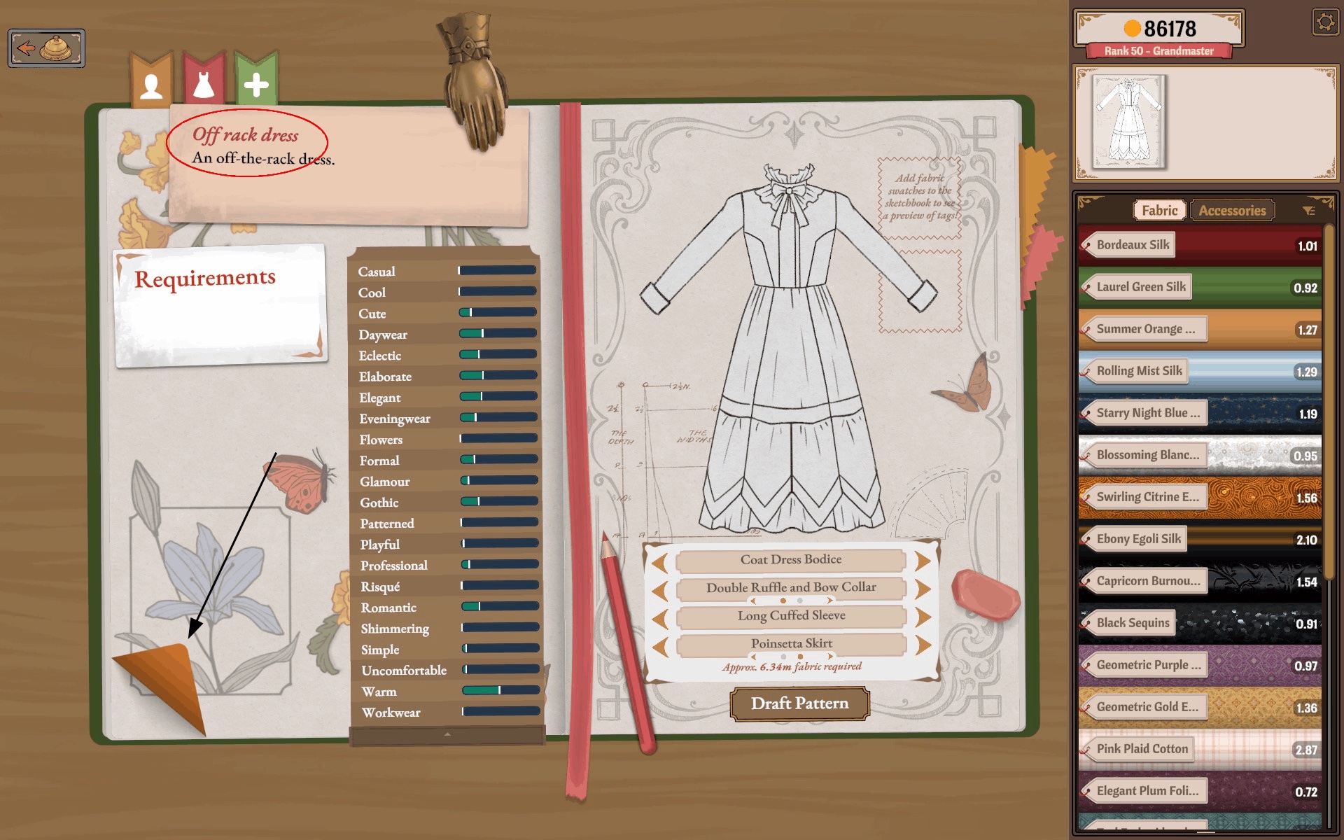 Sketchbook page for an off-rack dress with an empty requirements card, pattern slots and a Draft Pattern button