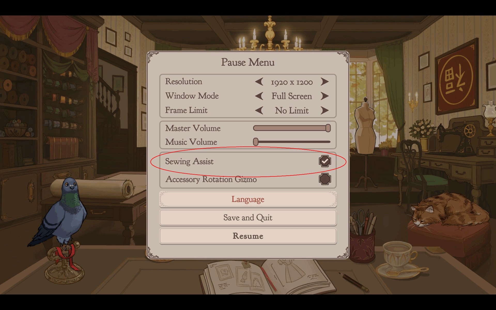 Pause menu over the workshop scene with the pigeon on its perch, the cat and the open sketchbook in the background