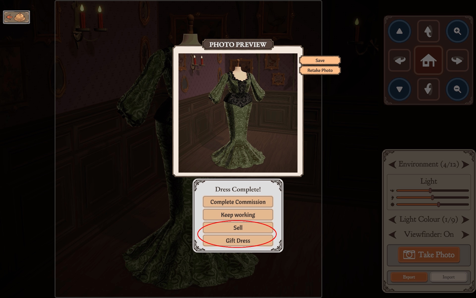 Photo preview screen with the Dress Complete dialog showing Complete Commission, Keep working, Sell and Gift Dress buttons