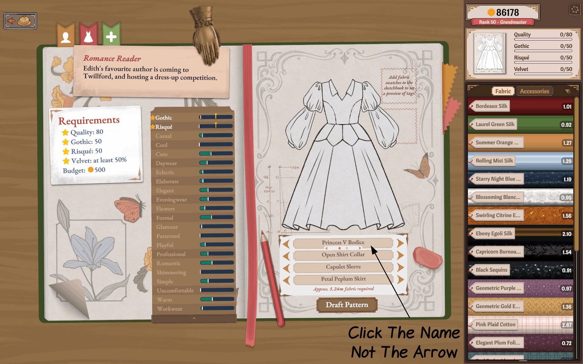 Sketchbook pattern page listing bodice, collar, sleeve and skirt slots with the guide author's note to click the name, not the arrow