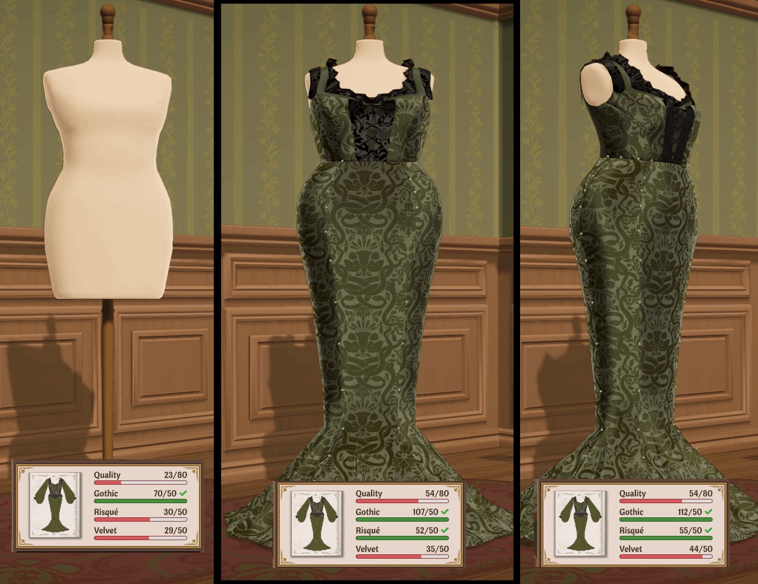 Three stages of one dress on the mannequin showing the sidebar scores changing as more pieces are sewn on