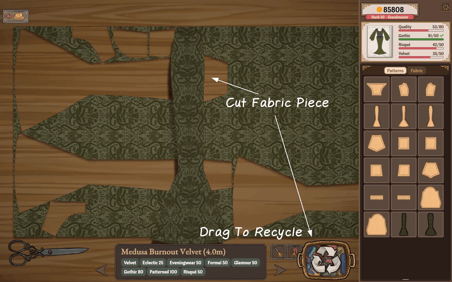 Cutting table with the guide author's annotation drag to recycle pointing at the recycle basket icon in the corner