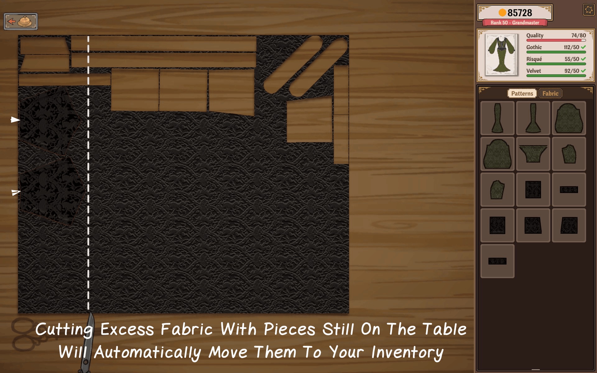 Cutting table showing dotted cutting lines and the author's note that cutting excess with pieces on the table moves them to the inventory