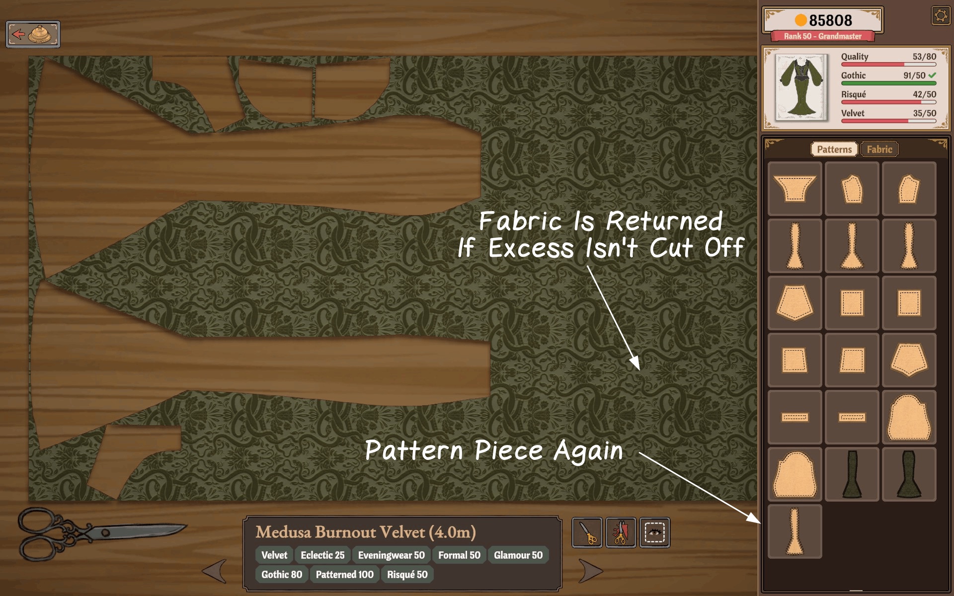 Cutting table with the author's note that fabric is returned if excess is not cut off, and the piece back in the patterns panel