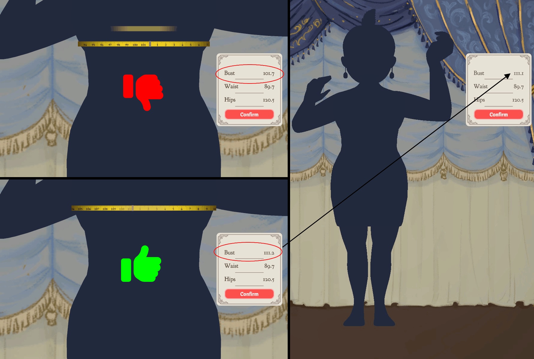 The guide author's comparison of two bust measurements, one marked with a red thumb and one with a green thumb, beside the full measurements card and Confirm button