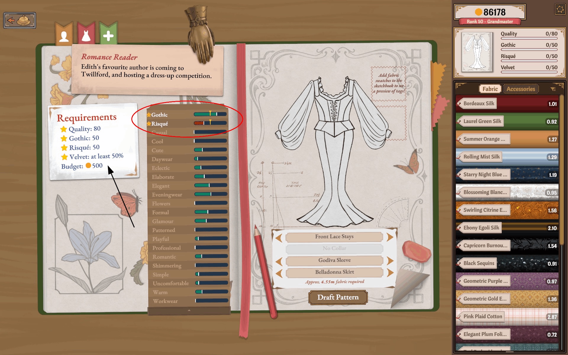 A journal page showing a requirements card with Quality, style minimums, a fabric share and a budget beside the dress draft