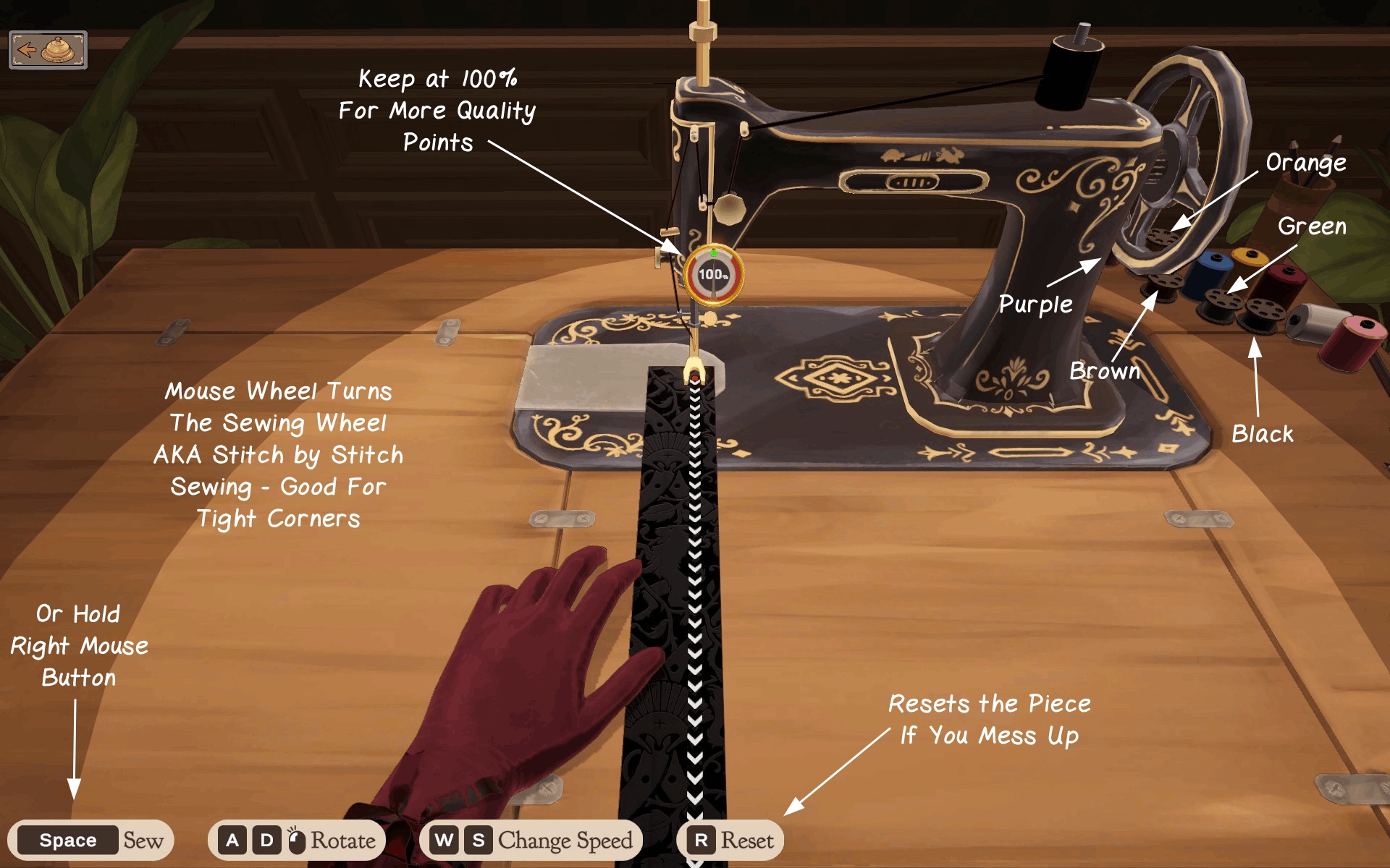 Sewing machine screen with the gauge beside the needle annotated keep at 100 percent for more quality points, and the Space, A/D, W/S, R and mouse wheel controls along the bottom
