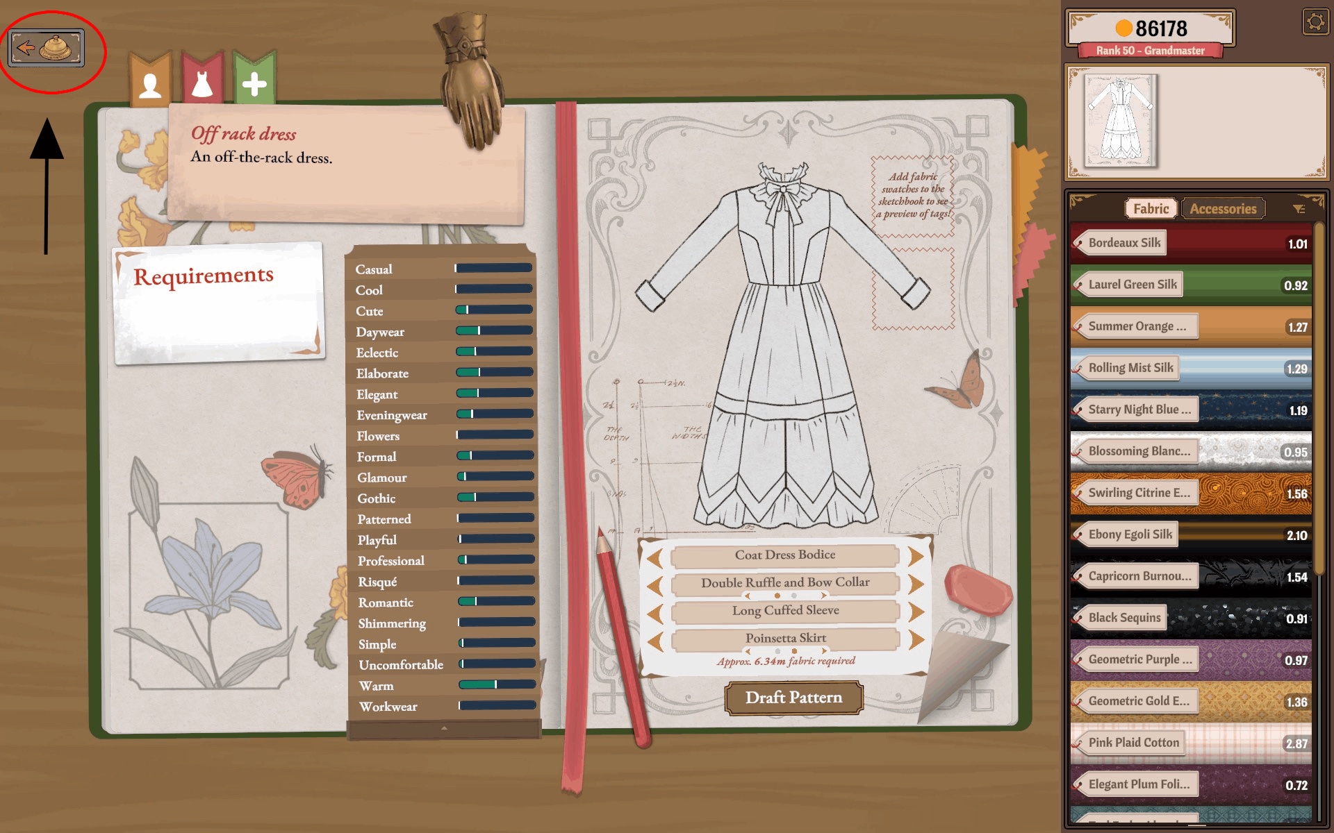 Journal page with the top-left shop icon circled by the guide author as a shortcut to the fabric store